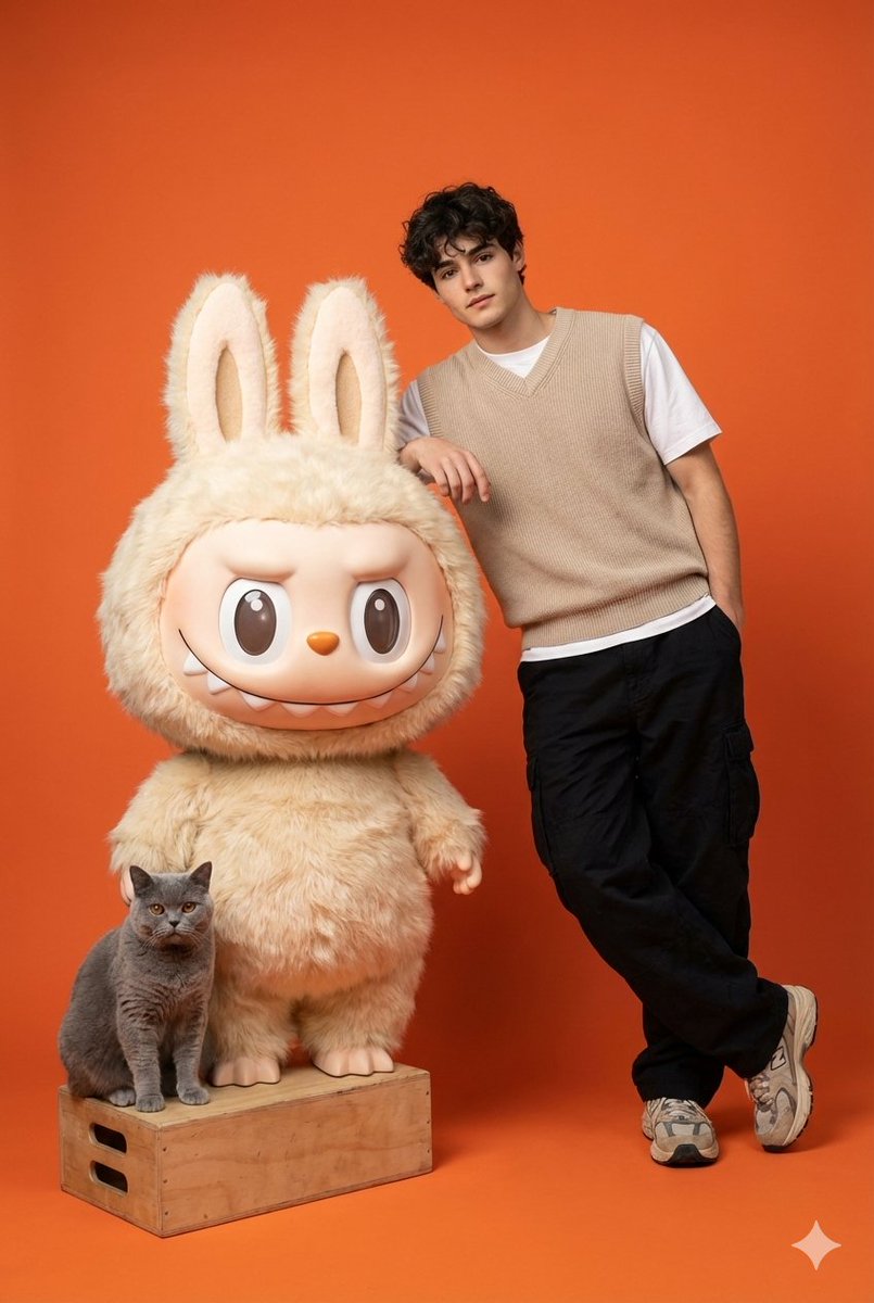 Gen-Z 街头服饰模特与 Labubu 和英国短毛猫 生成效果示例