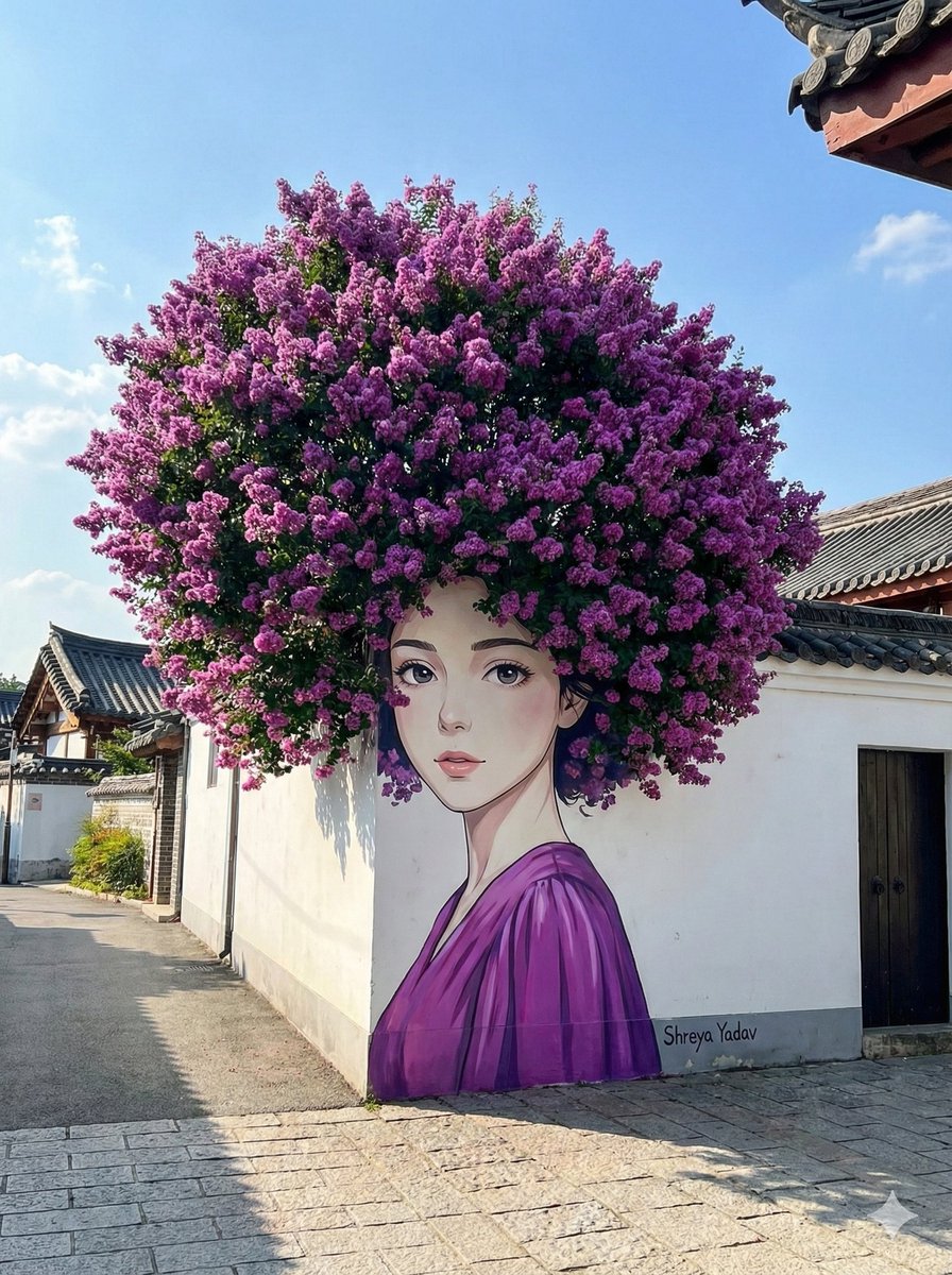 Trompe-l'œil 街头艺术与开花的布什头发 生成效果示例