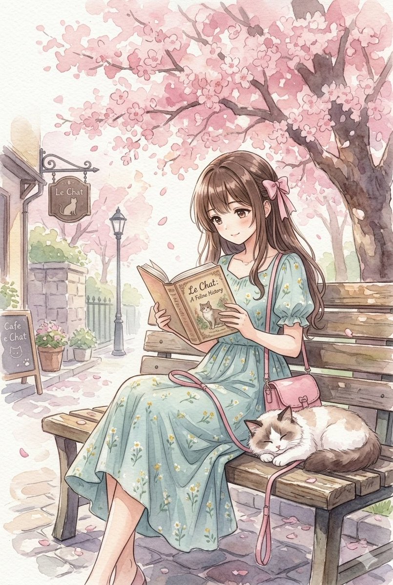 水彩动漫女孩在樱花下读书 生成效果示例