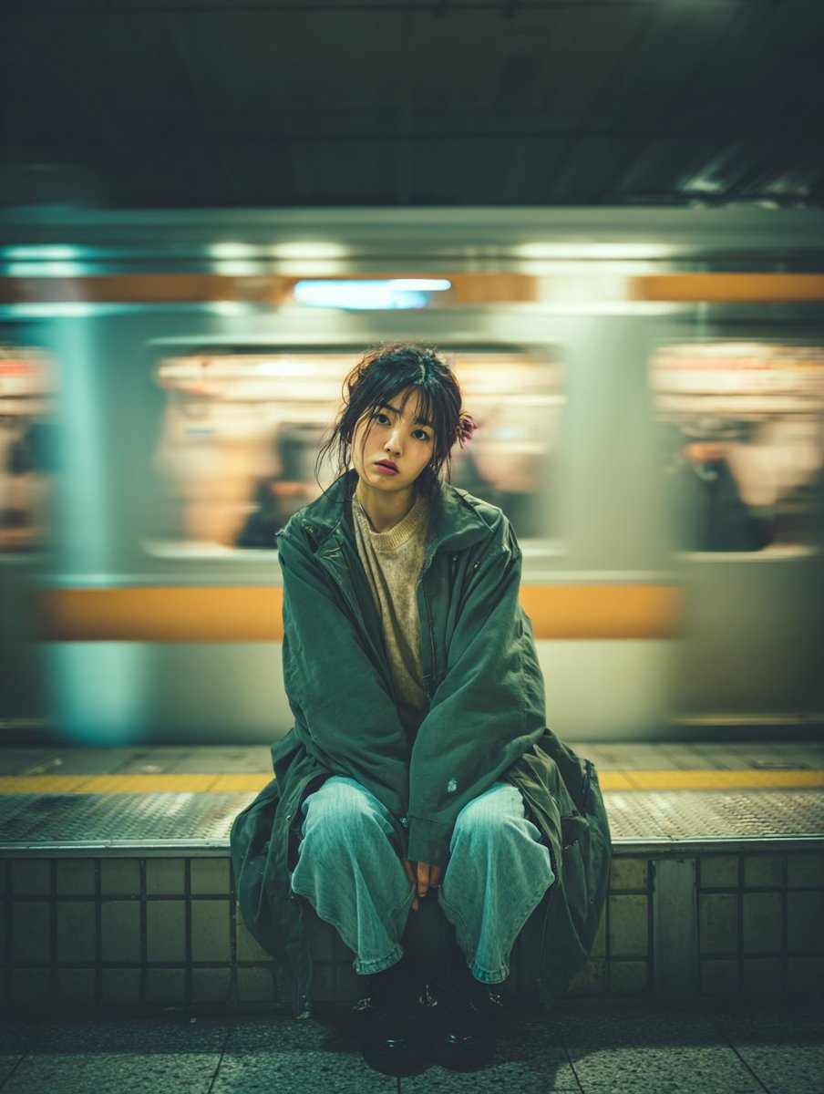 火车站台上女人的电影肖像 生成效果示例