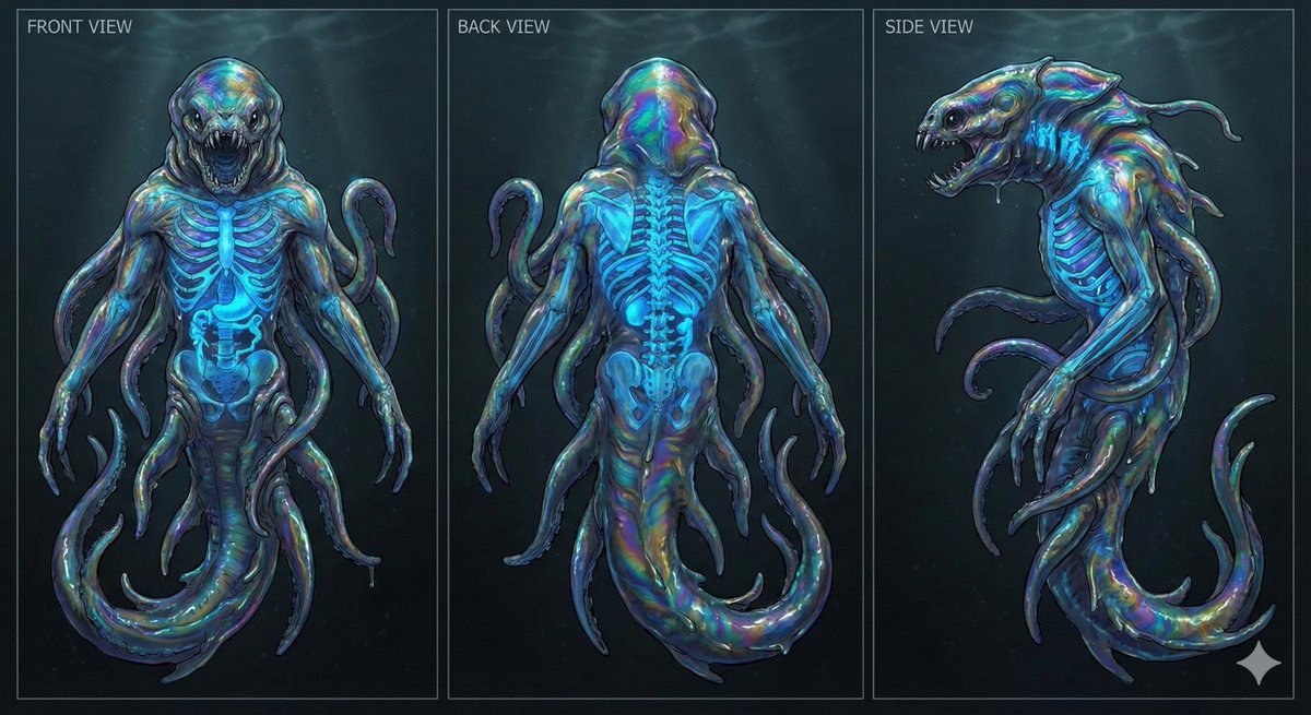 具有生物发光骨骼的深海生物角色表生成效果示例