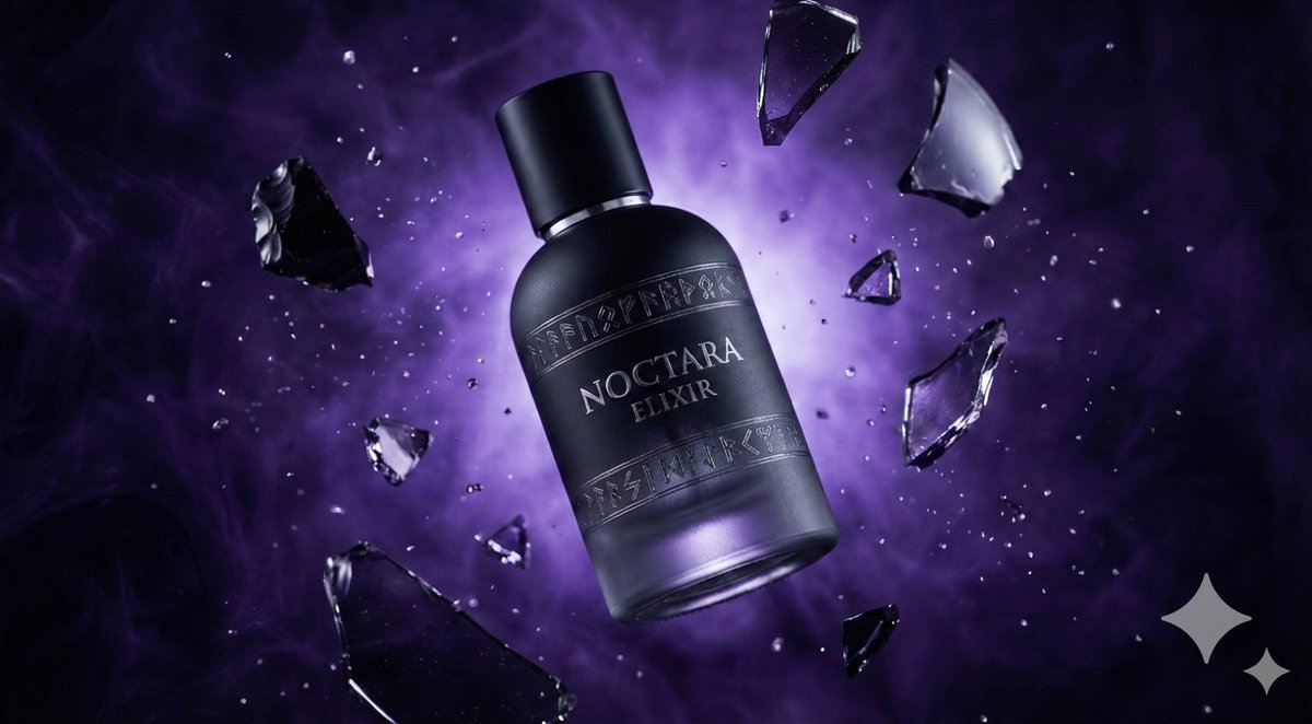 哑光黑色长生不老药瓶，紫色烟雾背景 生成效果示例