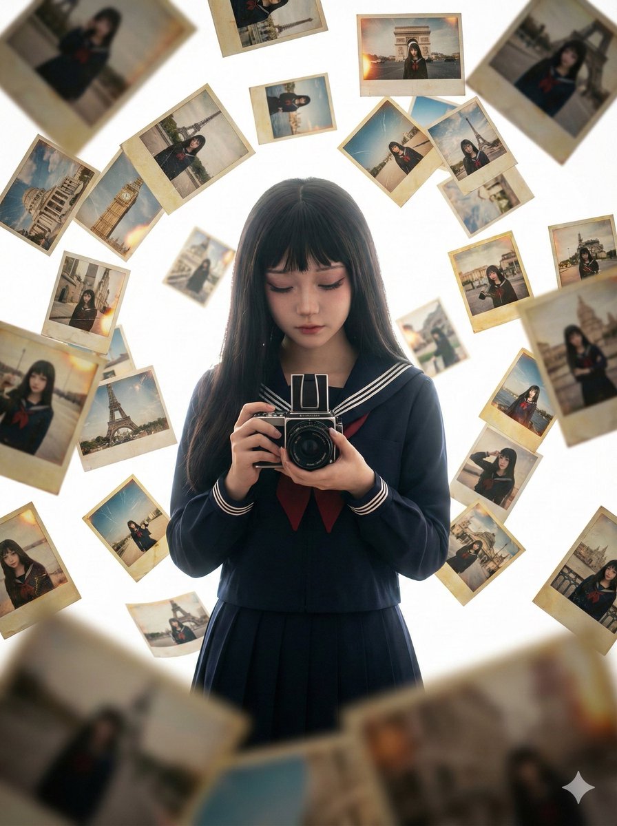 真实的亚洲女孩与浮动照片提示（JSON 格式） 生成效果示例
