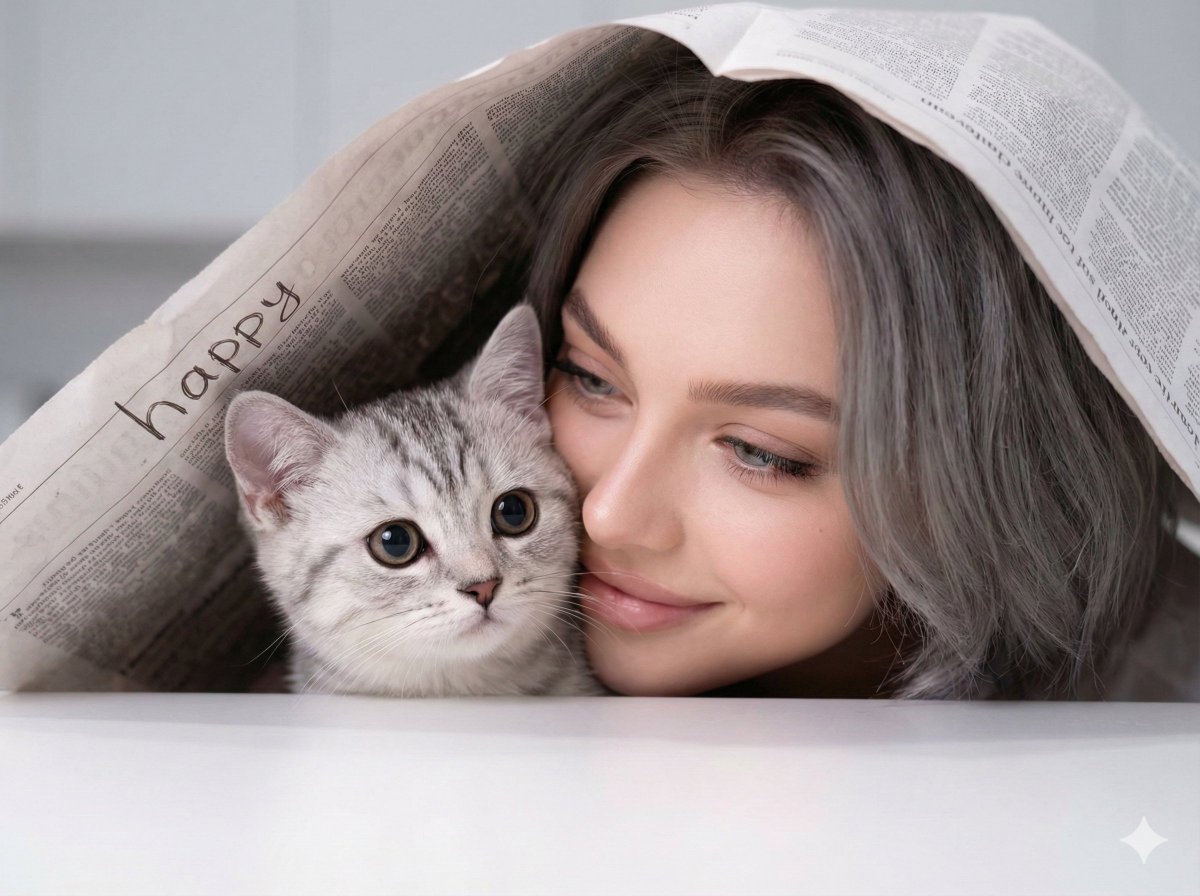 女人和小猫在纸下偷看的温暖肖像 生成效果示例
