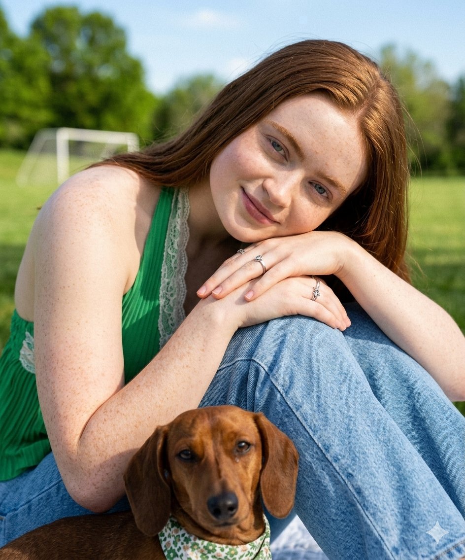 Sadie Sink 与公园里的腊肠犬相似 生成效果示例