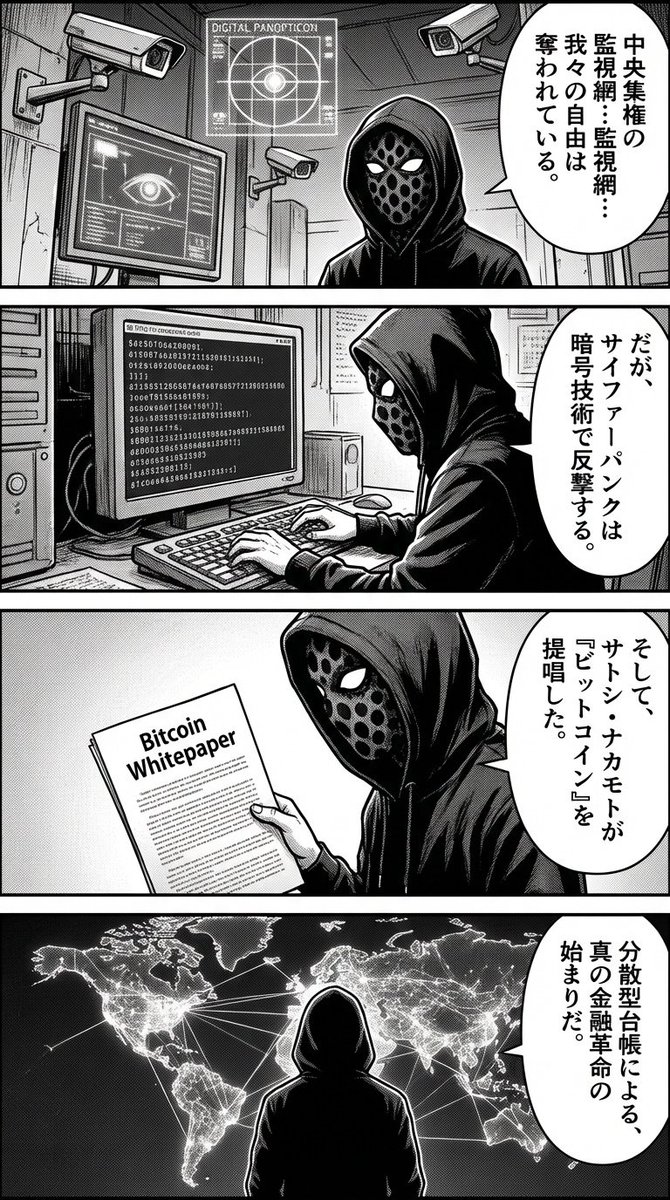 从密码朋克角度看比特币的四格漫画 生成效果示例
