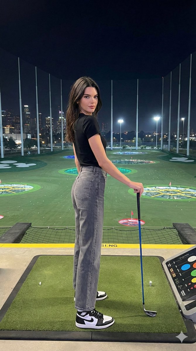 肯德尔·詹纳 (Kendall Jenner) 在豪华夜间高尔夫球场的时尚社论 生成效果示例