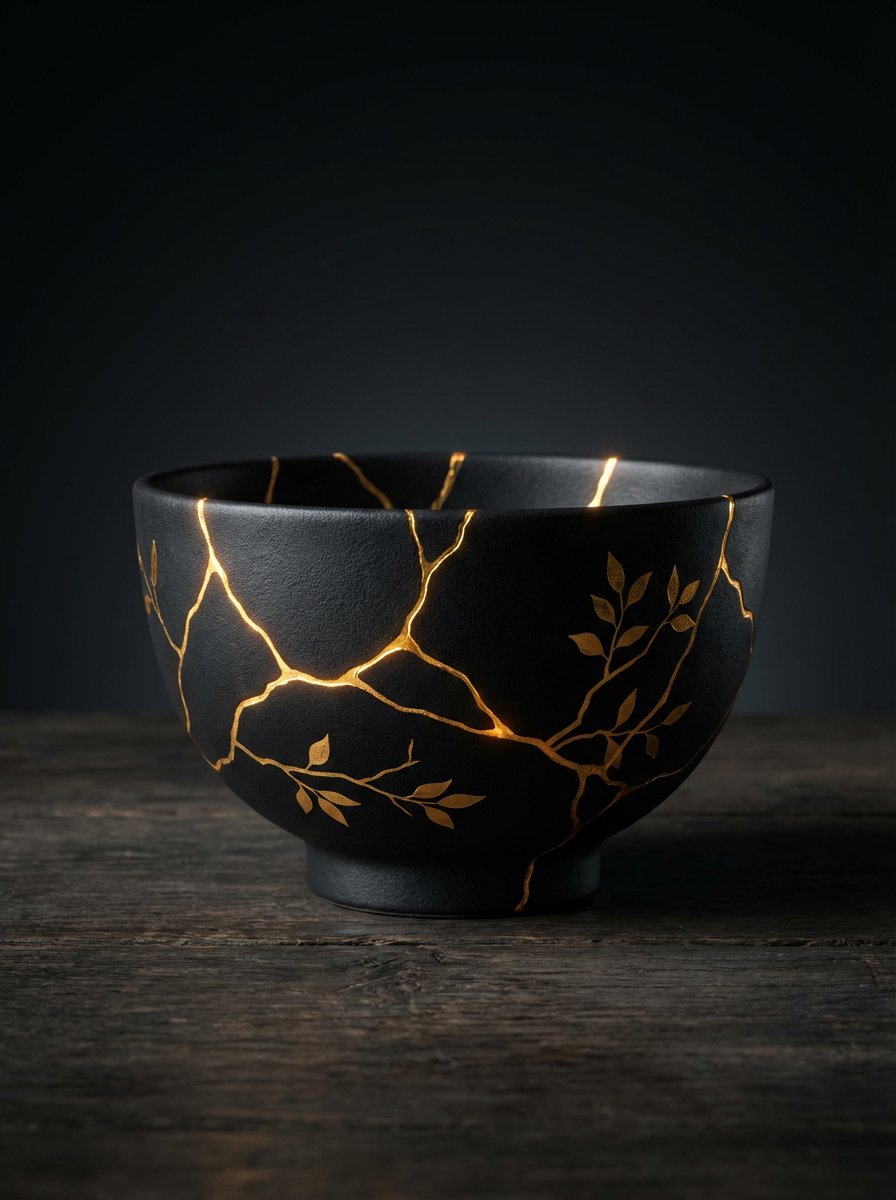 Kintsugi 金色装饰黑色陶瓷盘 生成效果示例