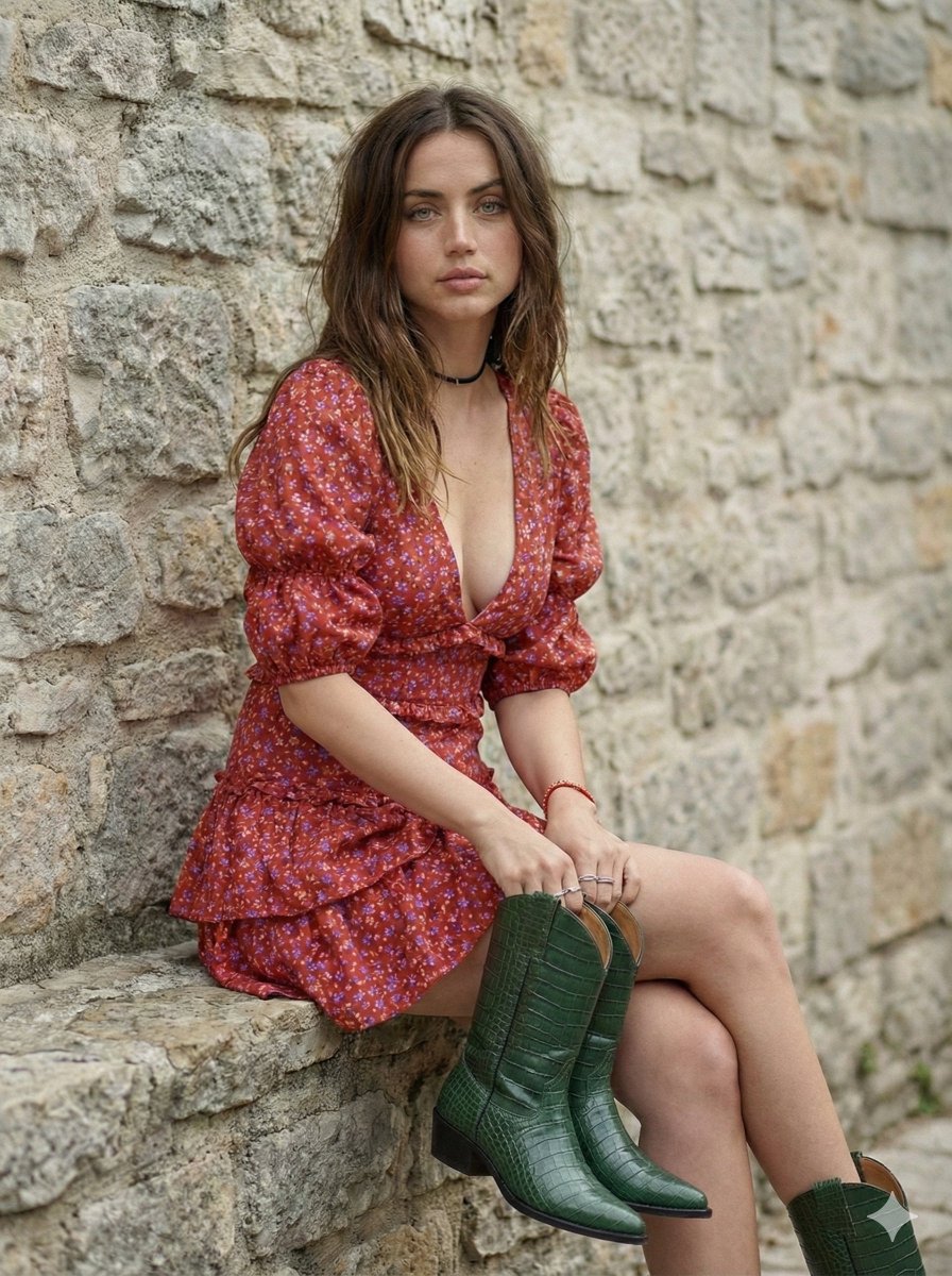 波西米亚风格 Ana de Armas 搭配牛仔靴生成效果示例