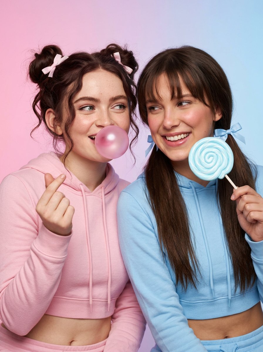 萨迪·辛克 (Sadie Sink) 和米莉·博比·布朗 (Millie Bobby Brown) 俏皮柔和的工作室肖像 生成效果示例