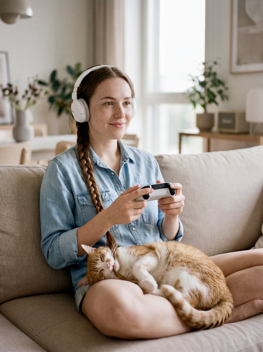 辫子互动的女人和猫的社论肖像 生成效果示例