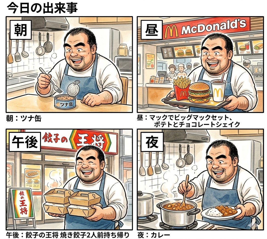4 格漫画提示：一日三餐 生成效果示例