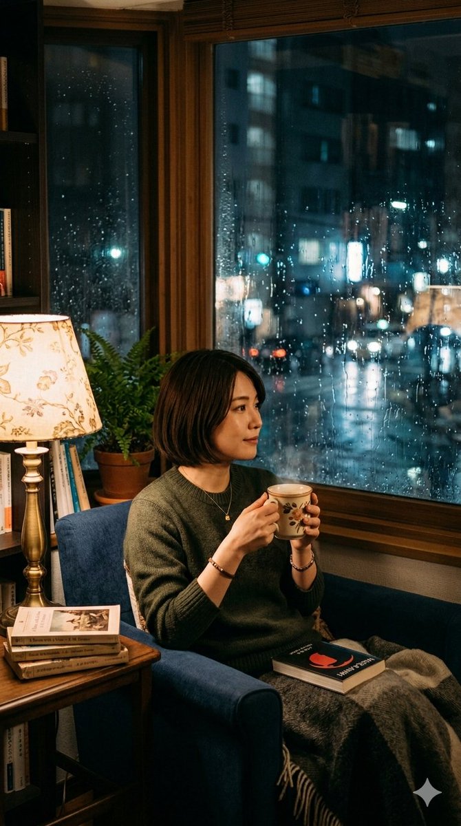 舒适的雨夜室内肖像生成效果示例
