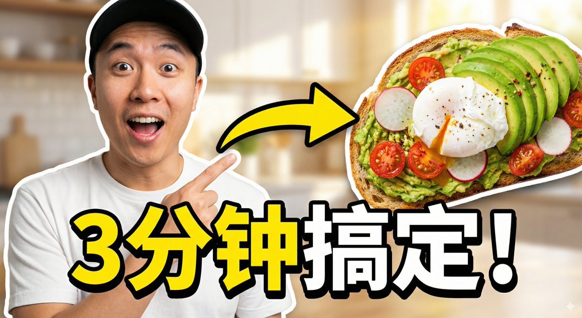 病毒缩略图：兴奋地指着，牛油果吐司，“3分钟内完成！” 生成效果示例