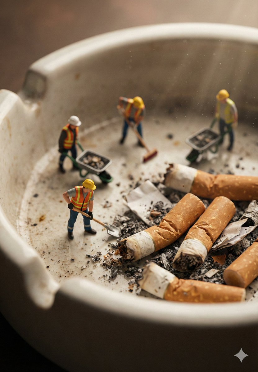 微型工人清洁烟灰缸的微距摄影 生成效果示例