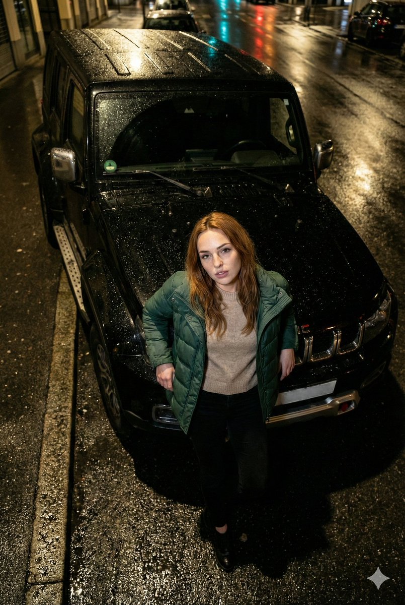 SUV 引擎盖上的夜间高角度闪光灯照片生成效果示例