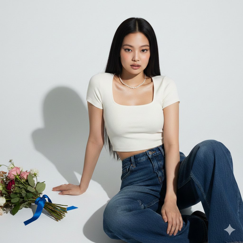 在极简工作室环境中珍妮·金 (Jennie Kim) 的超现实肖像 生成效果示例