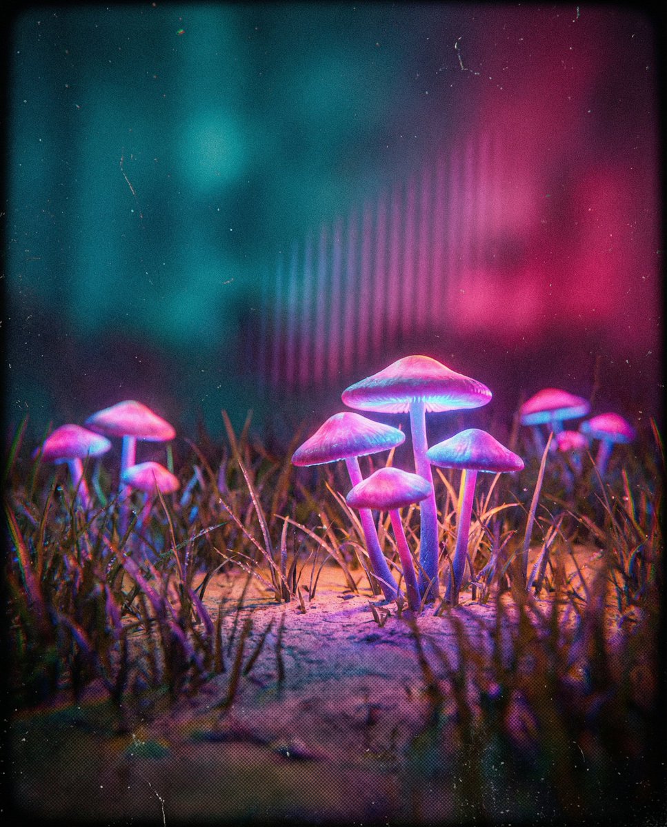 复古科幻风格的生物发光蘑菇簇 生成效果示例
