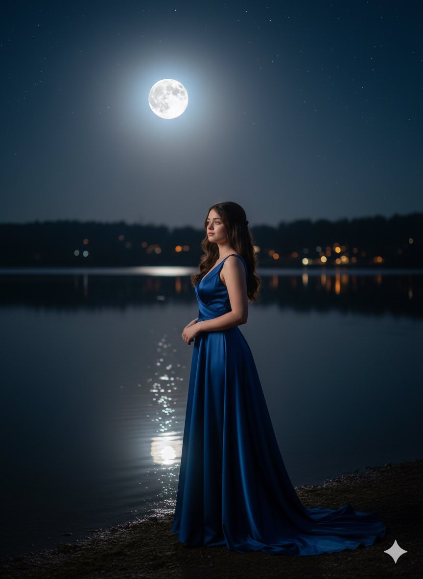 湖边的浪漫夜景肖像生成效果示例
