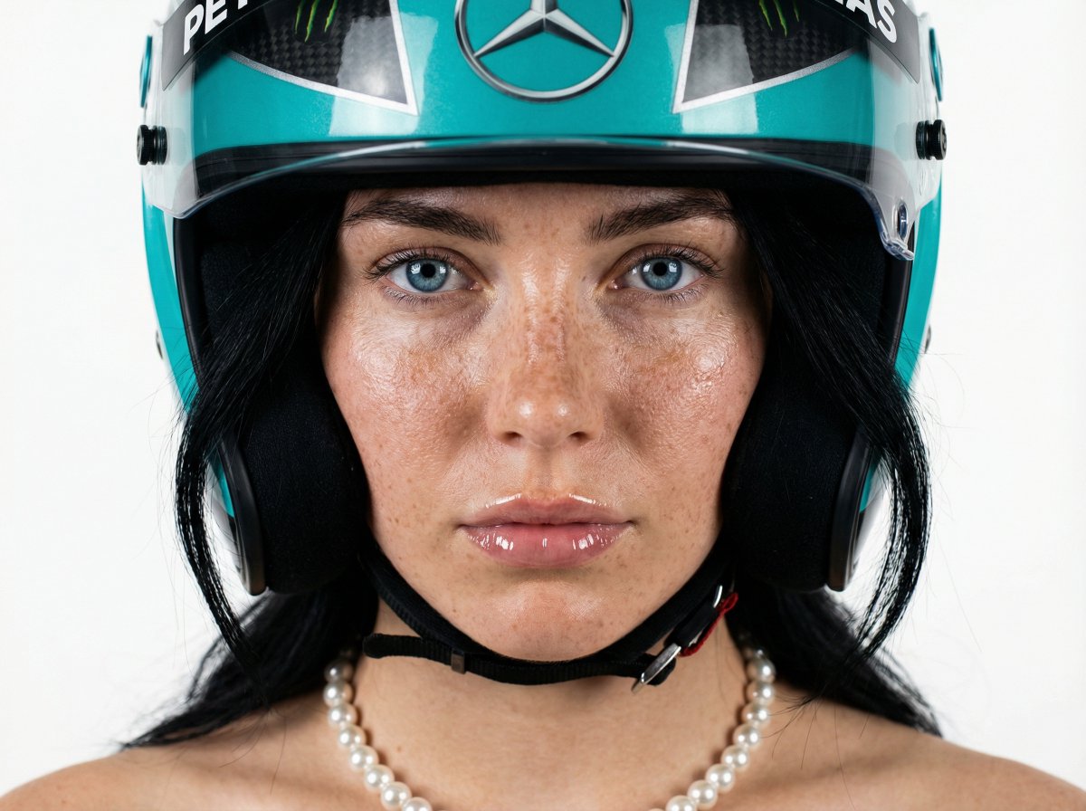 F1 女继承人编辑肖像，戴着赛车头盔和珍珠 生成效果示例