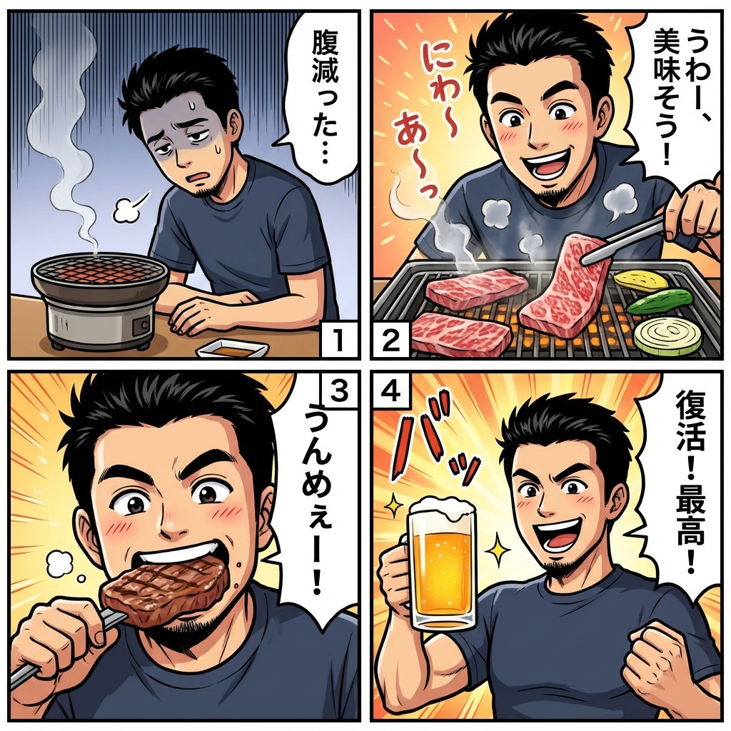 烧烤让角色充满活力的彩色漫画生成效果示例