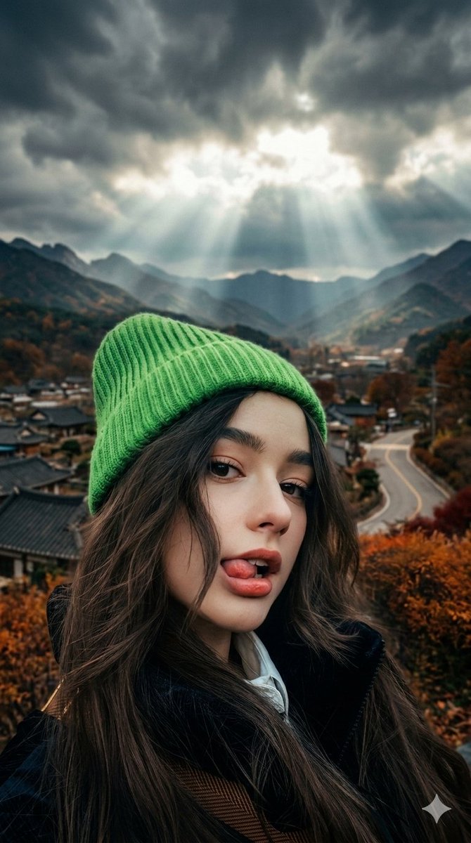 戴着霓虹无檐小便帽的女人的电影特写 生成效果示例