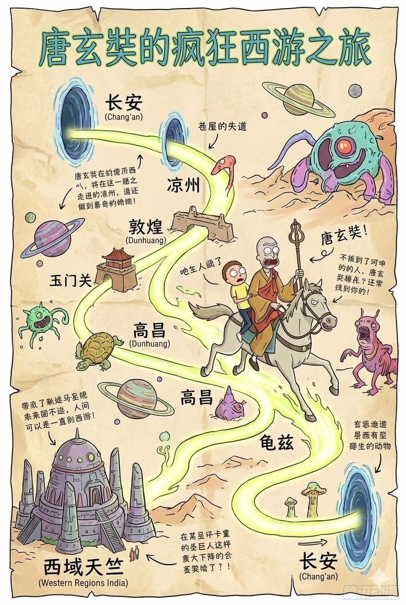 瑞克和莫蒂风格的唐玄奘之旅路线 生成效果示例