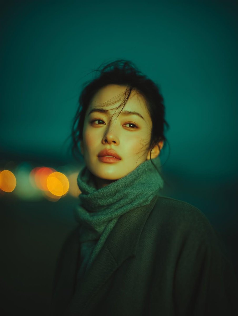 带有青绿色分级的电影夜间人像生成效果示例