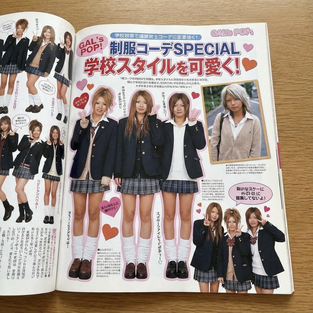 日本辣妹杂志铺在校服上 生成效果示例