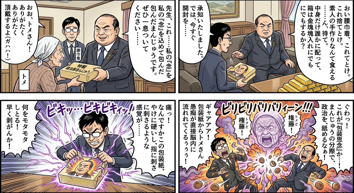 四格漫画：政治家万珠事件 生成效果示例