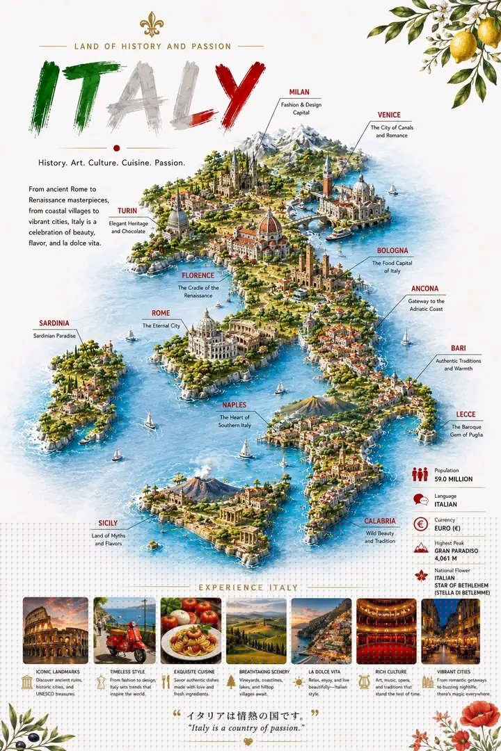 详细的意大利 3D 旅游信息图地图 生成效果示例