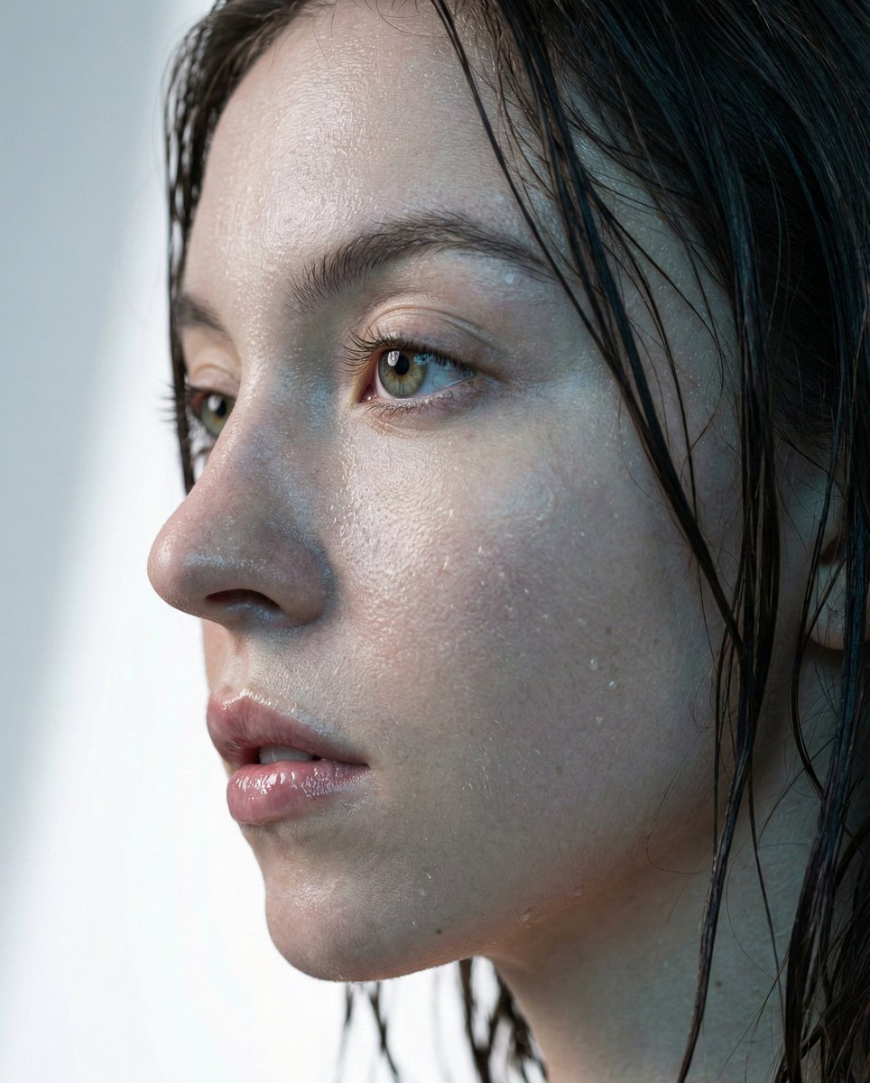 悉尼·斯威尼 (Sydney Sweeney) 的超现实微距肖像（湿漉漉的外观） 生成效果示例