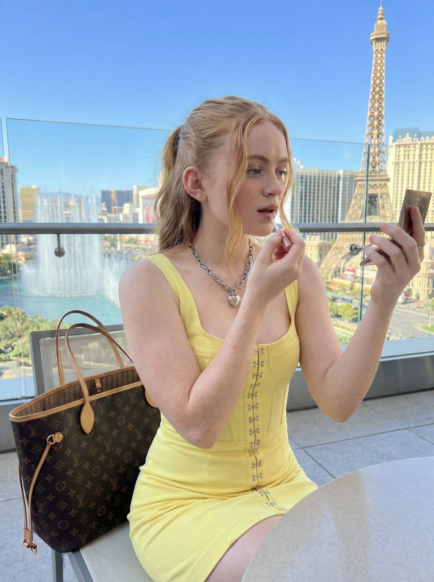 Sydney Sweeney 穿着淡粉色紧身胸衣（拉斯维加斯） 生成效果示例