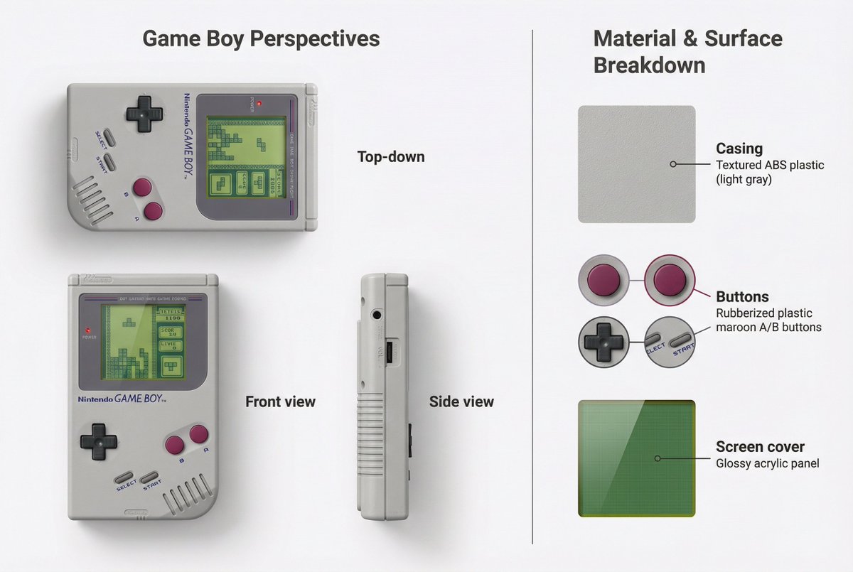 任天堂 Game Boy 产品展示信息图与俄罗斯方块 生成效果示例
