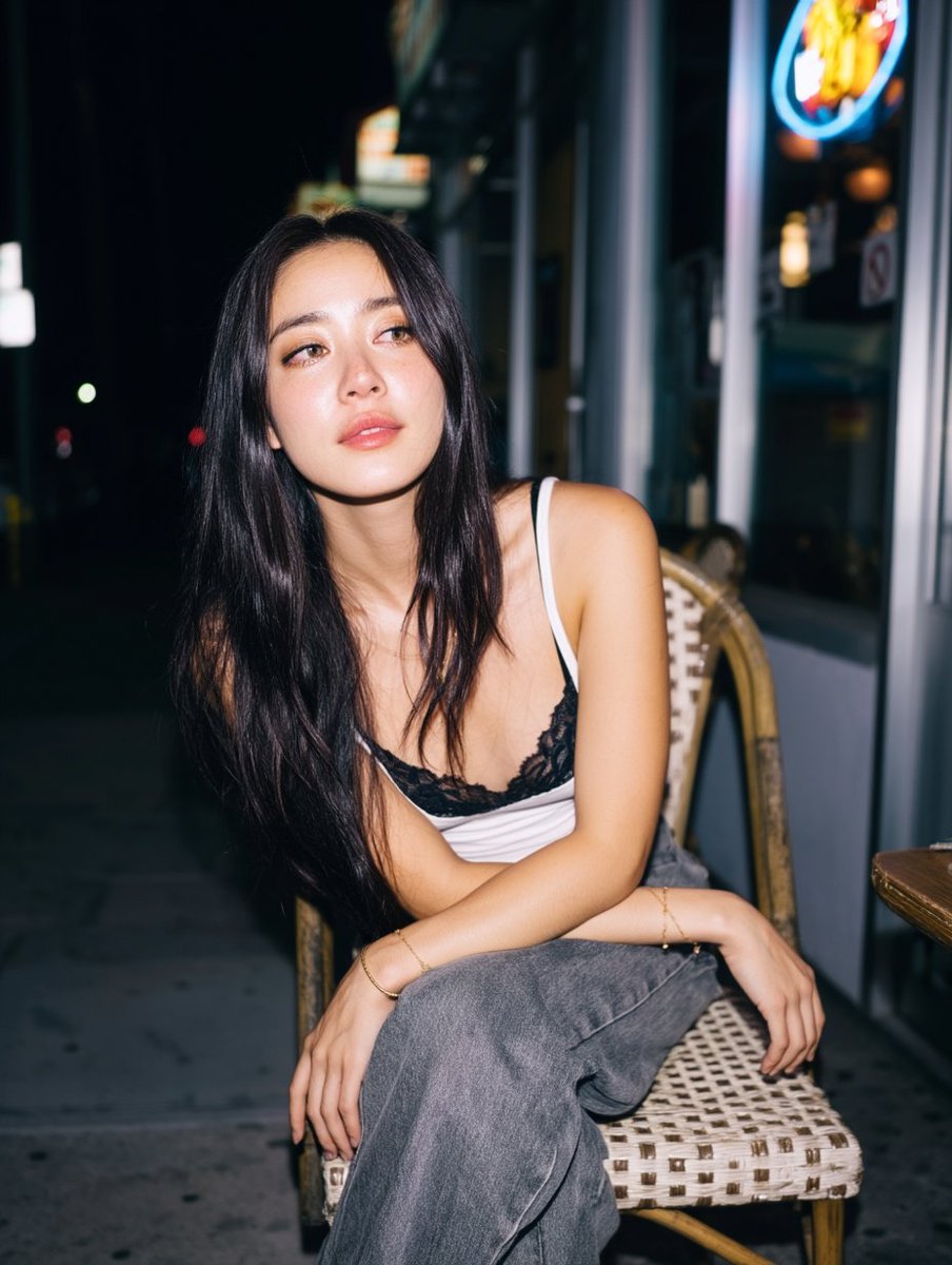 自然抓拍夜间街头人像，带闪光灯摄影美学 生成效果示例