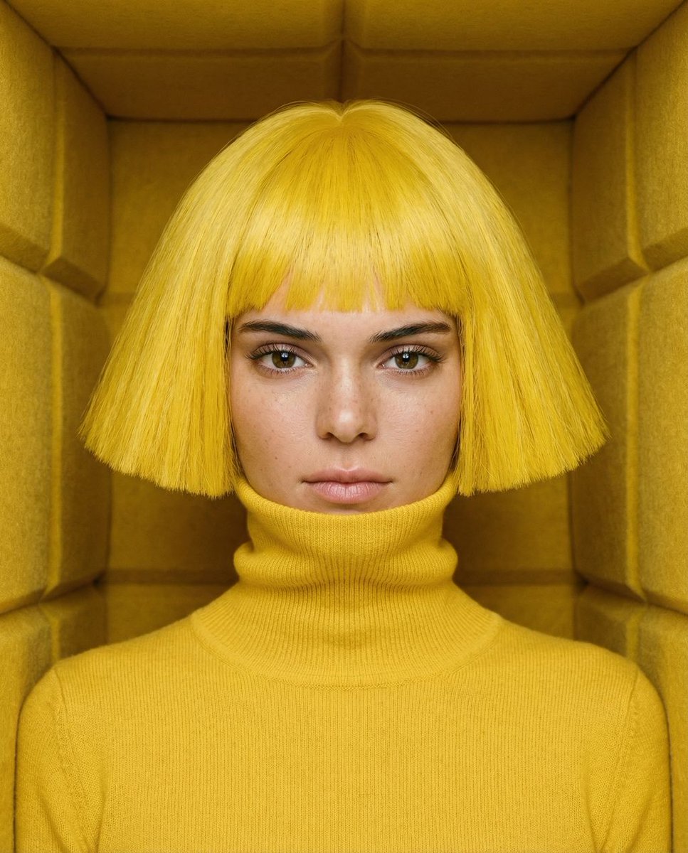 隔离间中肯德尔·詹纳 (Kendall Jenner) 的单色金丝雀黄色肖像 生成效果示例