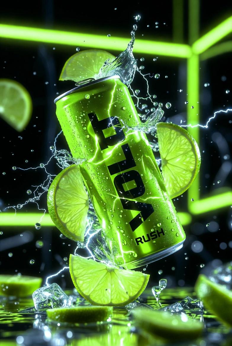 “VOLT RUSH”能量饮料的超电影产品摄影 生成效果示例