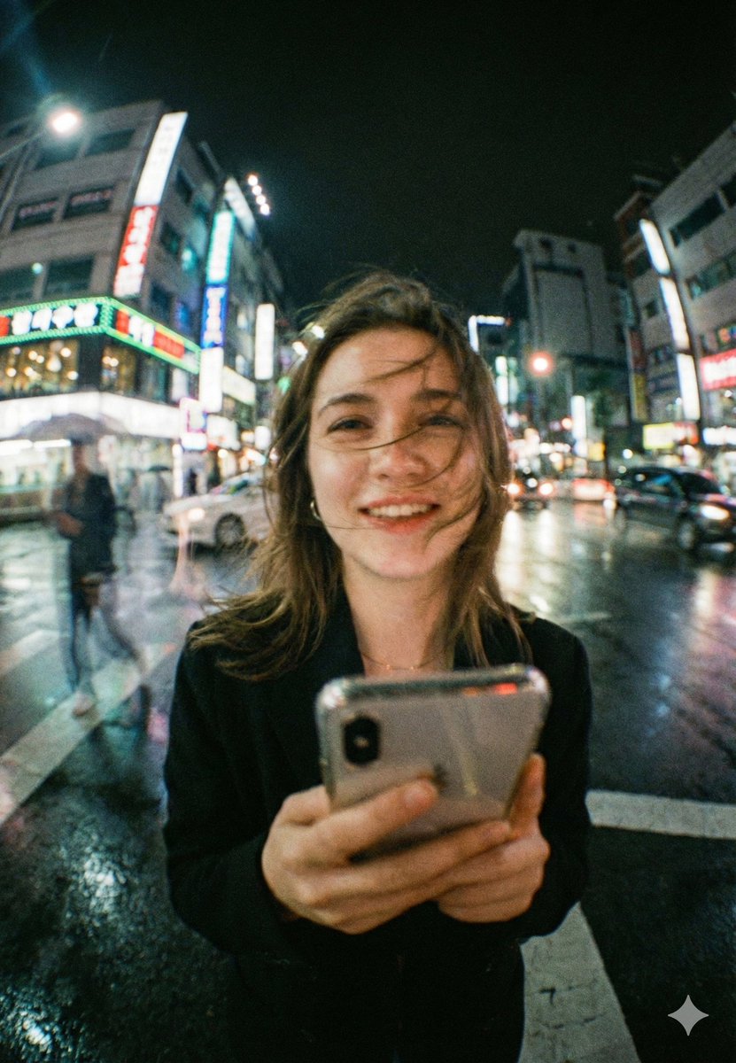 广角畸变霓虹城市夜景人像生成效果示例