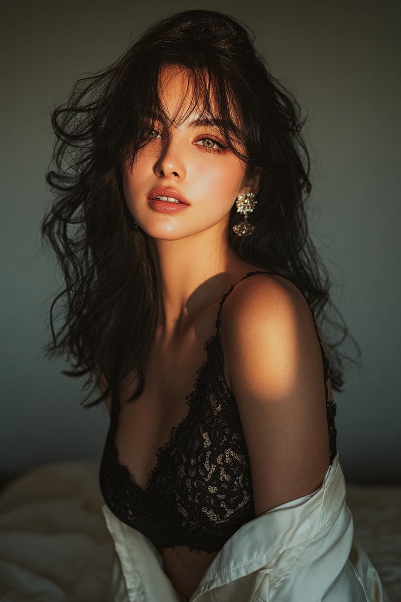 一个穿着黑色蕾丝连衣裙的女人的黄金时刻肖像 生成效果示例