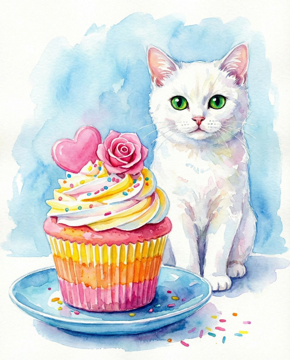 水彩猫和情人节纸杯蛋糕生成效果示例