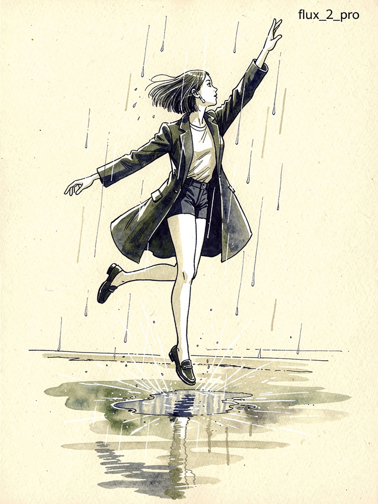 一个女人在雨中跳跃的墨水笔风格插图 生成效果示例