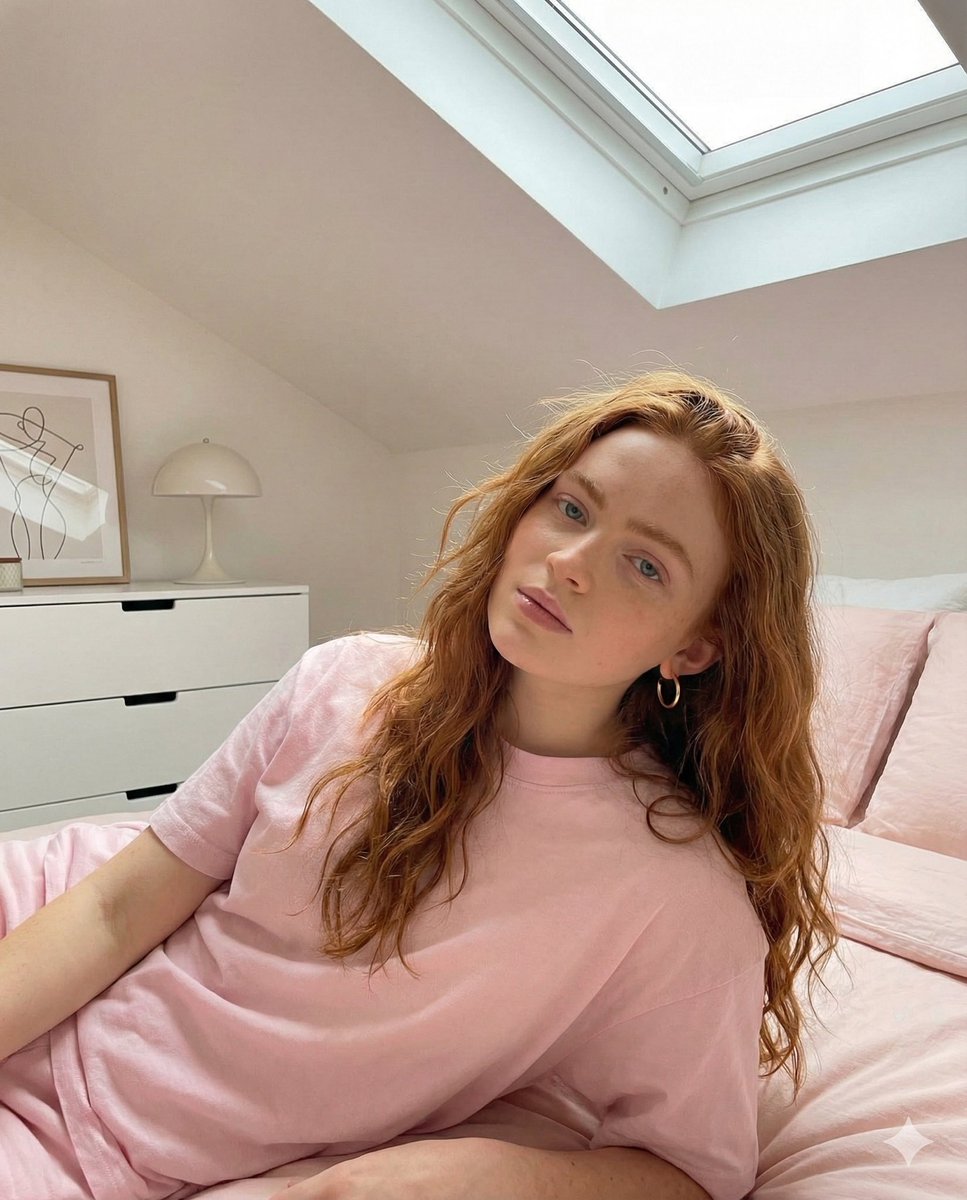 大胆的粉色宣言时尚编辑肖像 (Sadie Sink) 生成效果示例