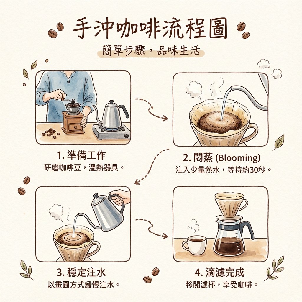 日式杂志风格的手冲咖啡流程图 生成效果示例