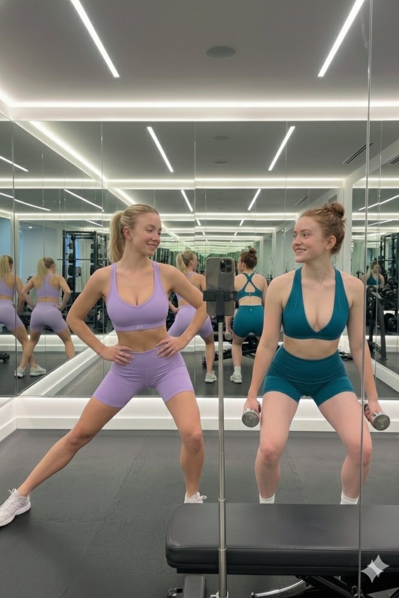 Sydney Sweeney 和 Sadie 在健身房里的镜面自拍 生成效果示例