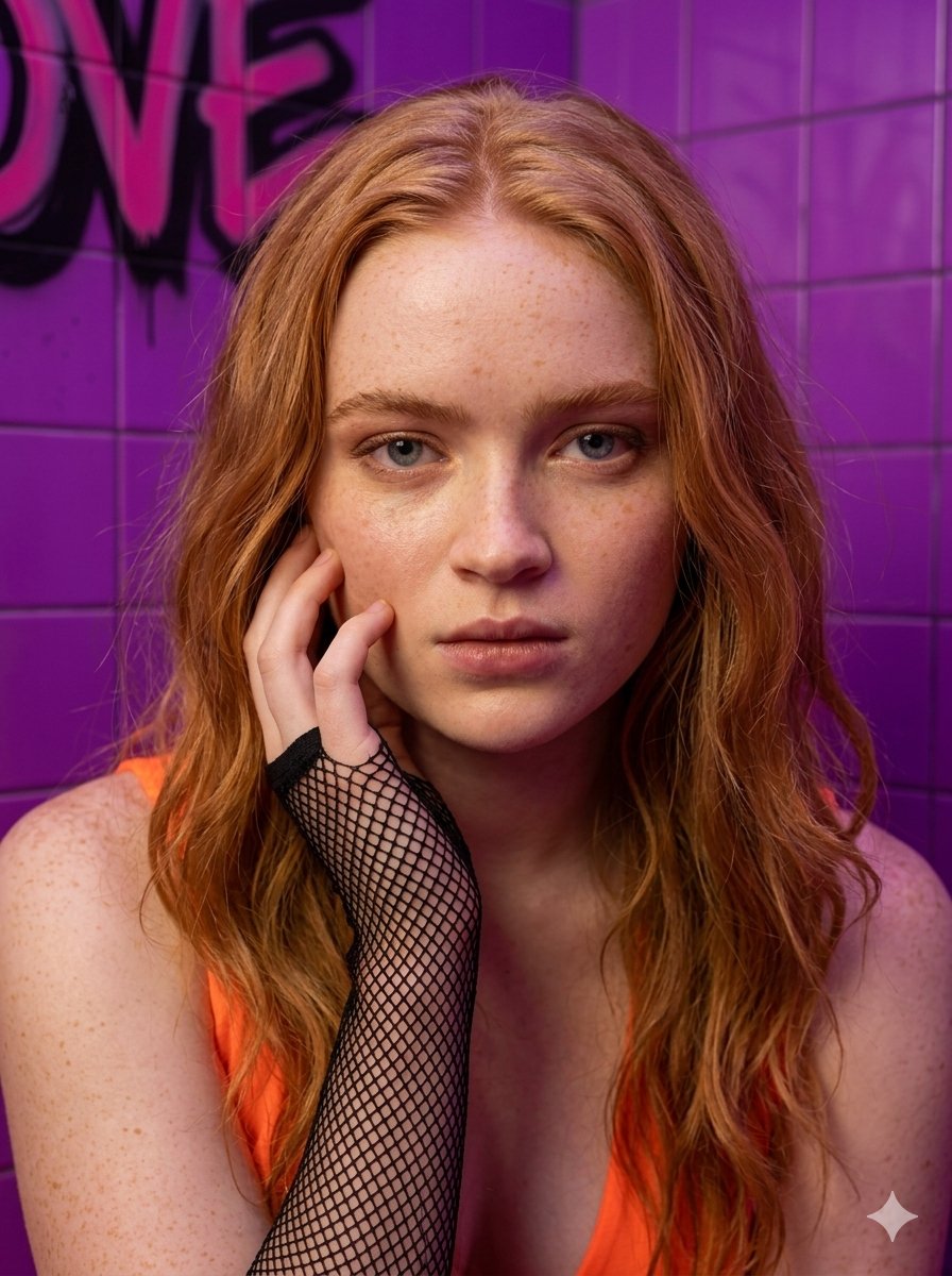 Sadie Sink 的霓虹橙色时尚肖像 生成效果示例
