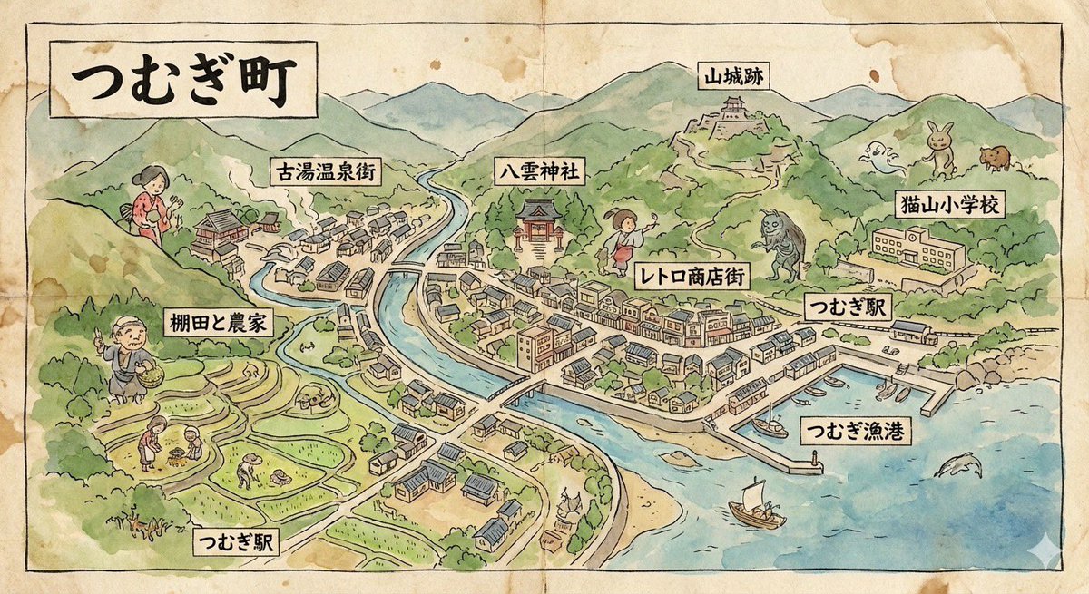虚构的日本城镇的手绘地图 生成效果示例