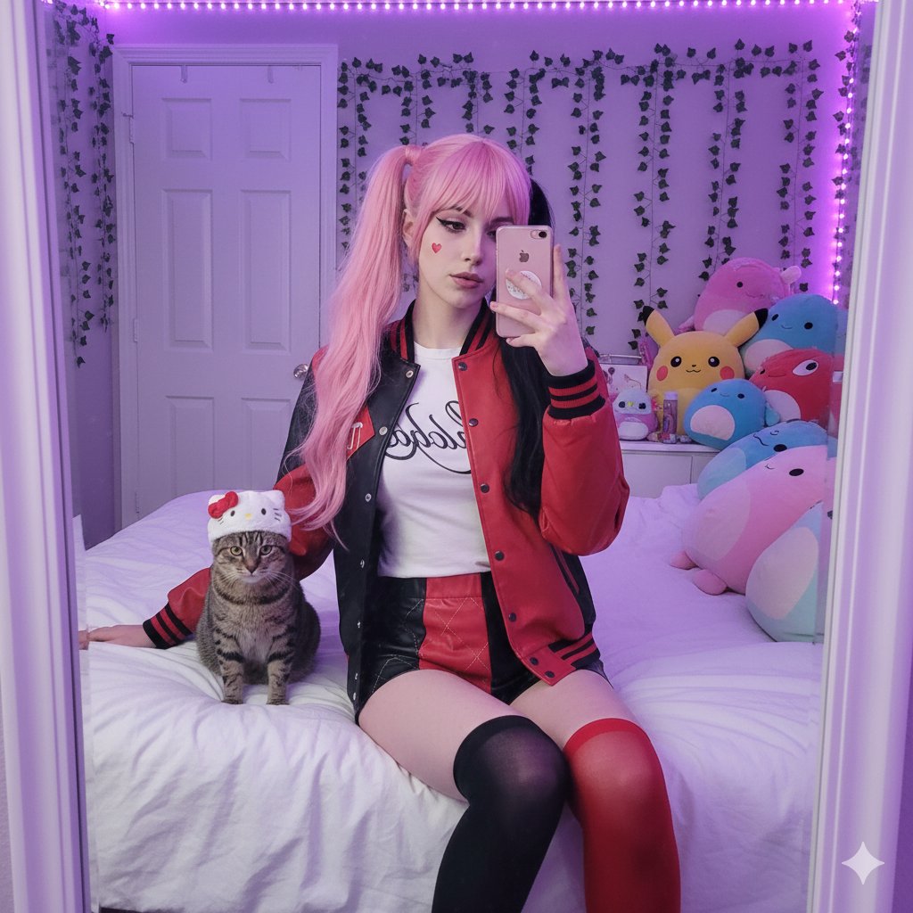 E-Girl 镜子自拍与猫提示 生成效果示例