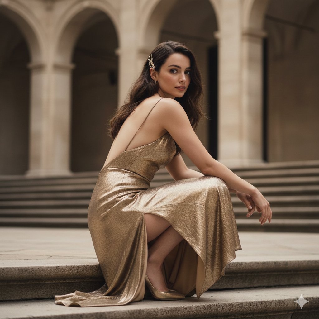 Ana de Armas 金色礼服庭院肖像 生成效果示例