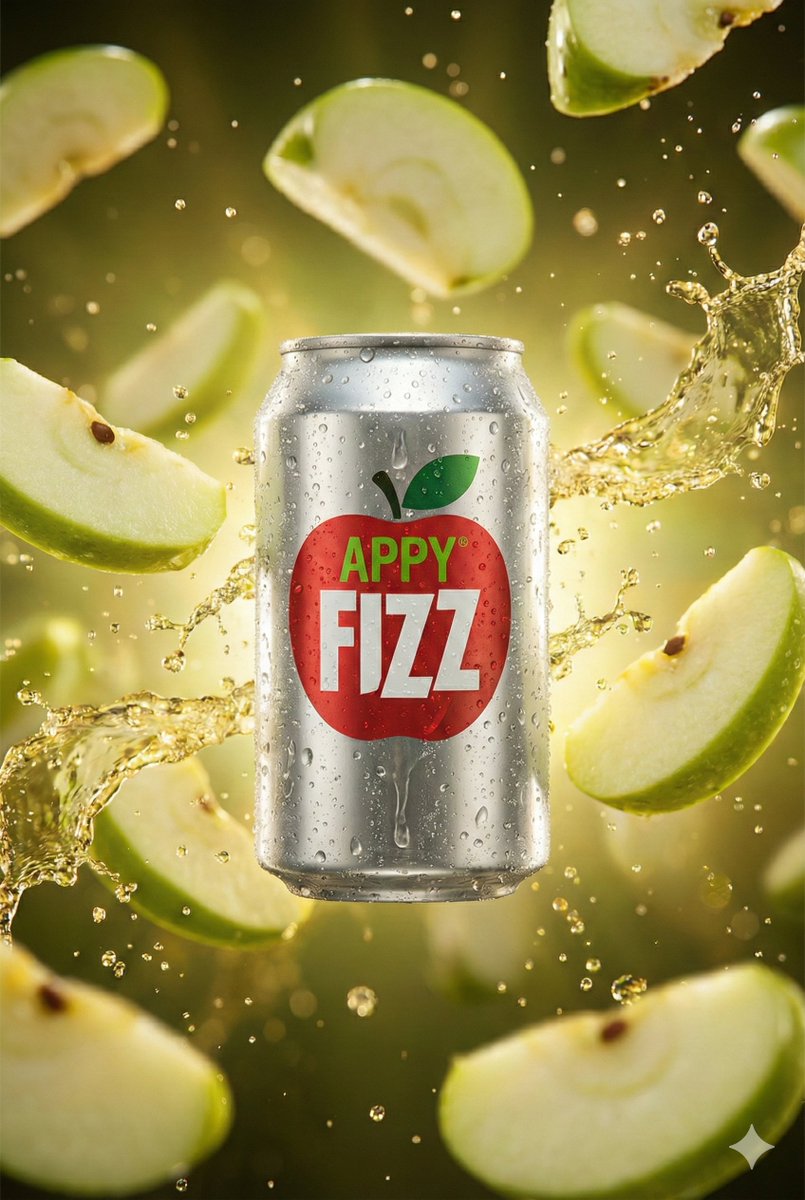 Appy Fizz 罐头与爆炸苹果片的超现实电影产品镜头生成效果示例