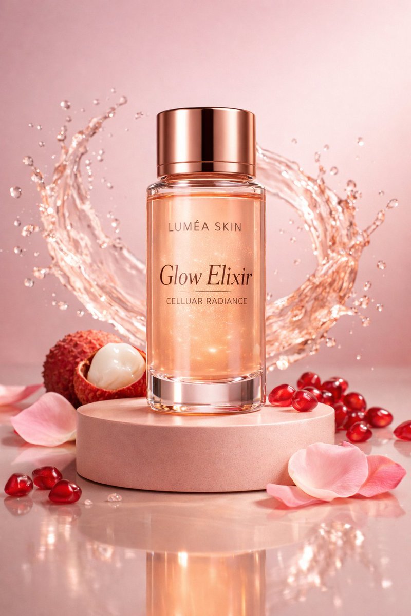 奢华护肤品商业摄影：Glow Elixir 生成效果示例